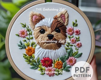 ヨークシャーテリアの手刺繍パターン、テリア犬の刺繍、ペットの刺繍