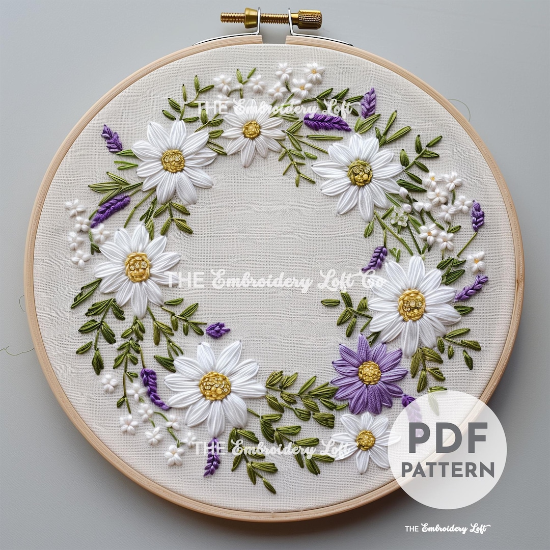 Daisy and Purple Floral Wreath Hand Embroidery Pattern, Flower Design ...