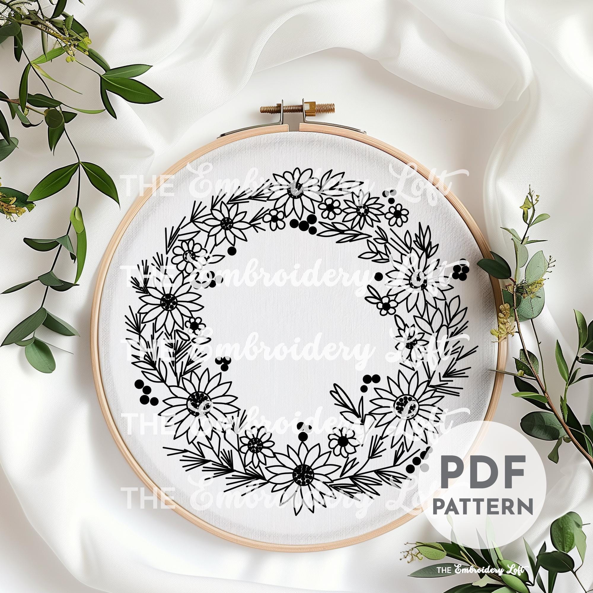 Autumn Daisy Wreath Hand Embroidery Pattern, Autumn Flower Design ...