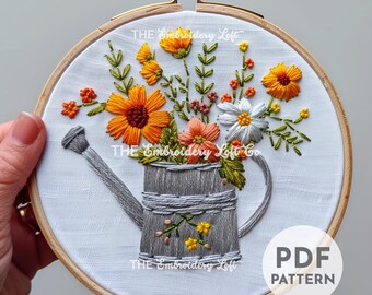 Bloemen gieter handborduurpatroon, bloesems, gieter, bloemenmand, wilde bloemen, handborduurpatroon pdf