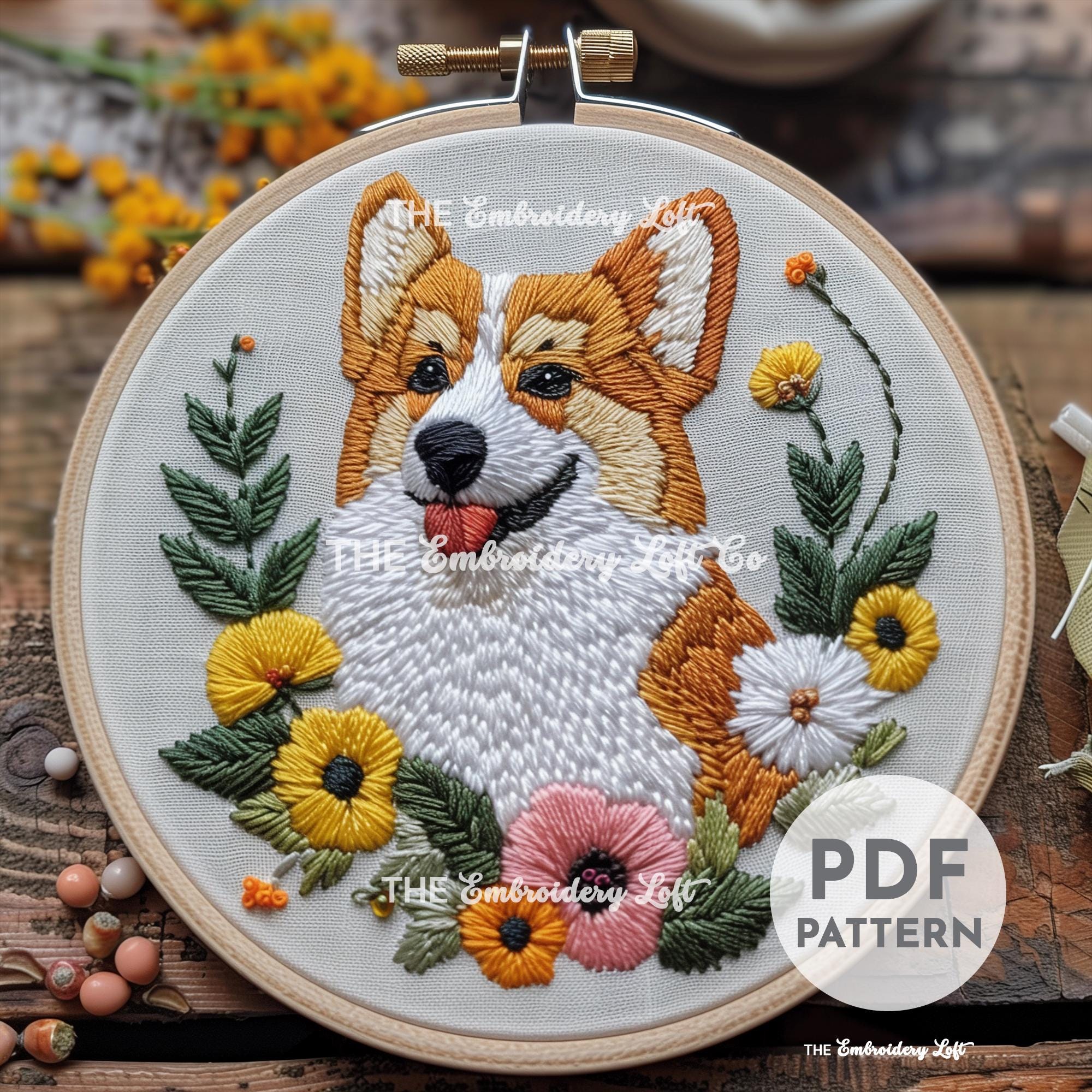 コーギーの手刺繍パターン、ウェルシュ・コーギー犬のデザイン