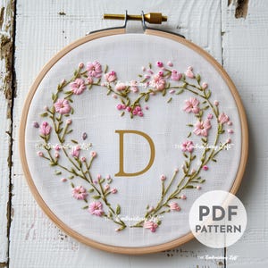 Bordado de San Valentín con la letra D, adorno de bordado inicial personalizado, regalo de bordado con monograma, patrón de bordado a mano en PDF, para principiantes