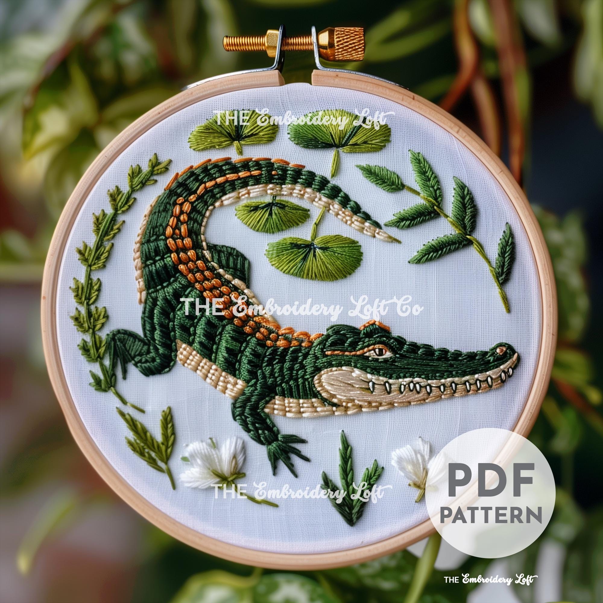 ワニの手刺繍パターン、クロコダイルの刺繍パターン、爬虫類の
