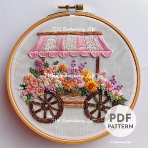 ピンクの花カートの手刺繍パターン、花スタンド、花カートのパターン、花柄、手刺繍パターン PDF、初心者