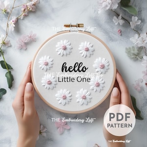 Hello Little One Hand Embroidery Pattern, Daisy Wreath Embroidery Pattern, Nursery Embroidery Pattern, Hand Embroidery Pattern PDF, Beginner