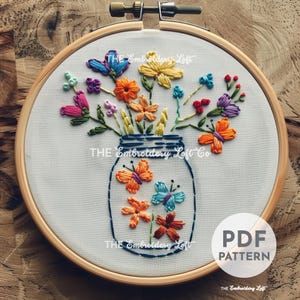Jar of Butterflies and Flowers Hand Embroidery Pattern, Butterfly Pattern, Hand Embroidery Pattern PDF, Embroidery for Children