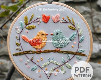 Love Birds Hand Embroidery Pattern, Bird Embroidery, Floral Birds, Valentine's Day Embroidery, Hand Embroidery Pattern PDF, Beginner