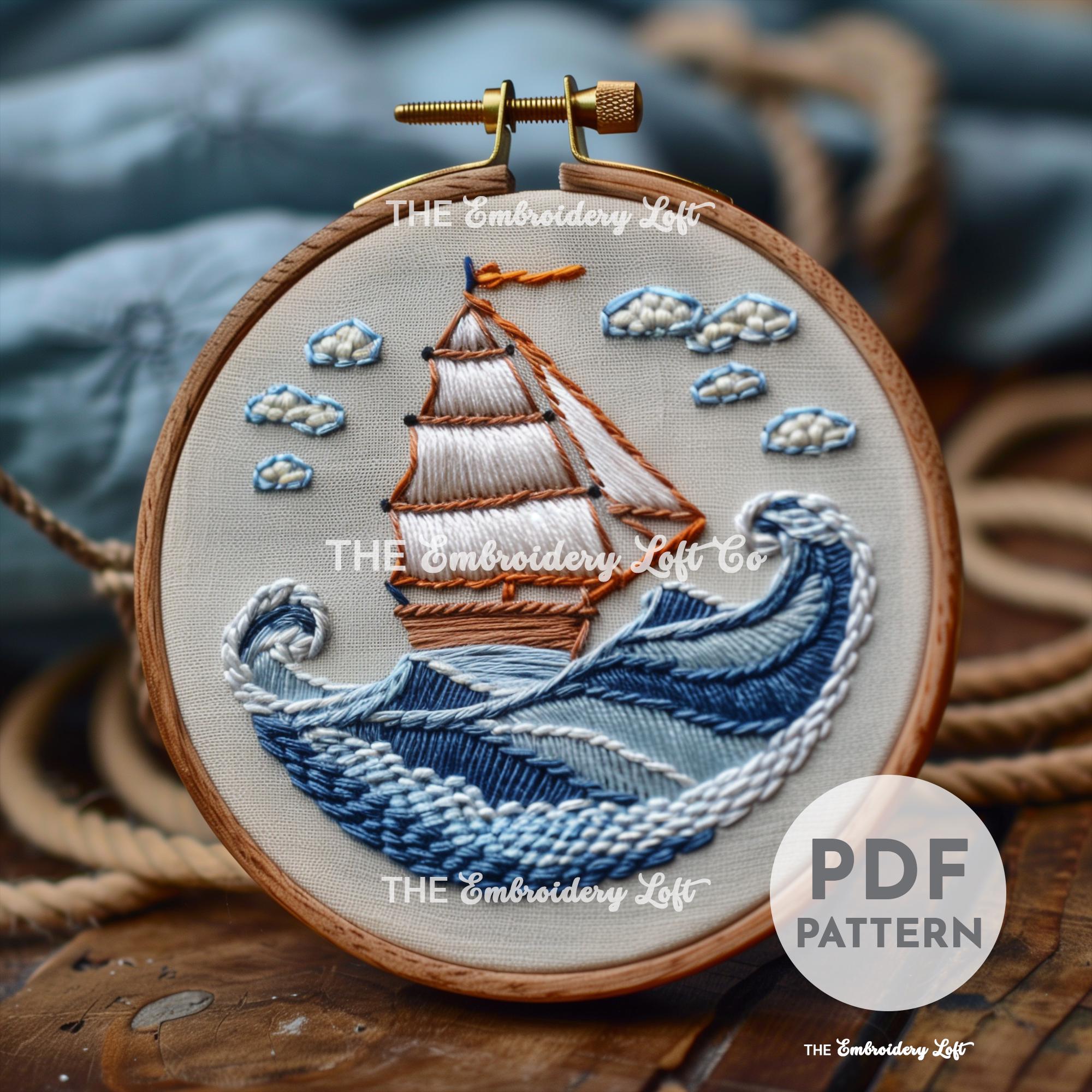 刺繍チャーム 帆船デザイン 古い帆船の手刺繍パターン、海賊船、海の刺繍パターン、ビーチの刺繍