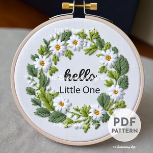 Hello Little One Hand Embroidery Pattern, Daisies Embroidery Pattern, Nursery Embroidery Pattern, Hand Embroidery Pattern PDF, Beginner