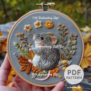 森のネズミの手刺繍パターン、ネズミのパターン、かわいいネズミのパターン、秋の刺繍、森の刺繍、手刺繍パターン PDF