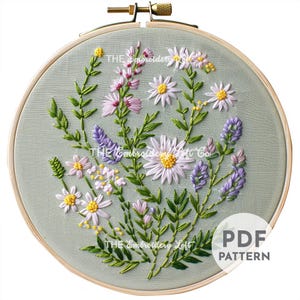 Handborduurpatroon weide met margrieten en paarse lavendel, madeliefjespatroon, lavendelpatroon, handborduurpatroon pdf