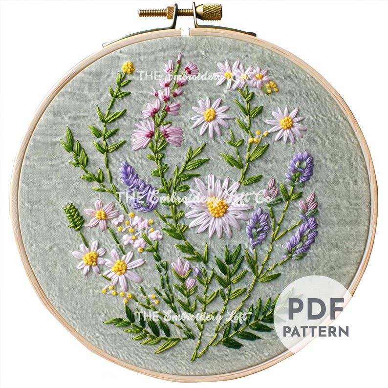 Meadow of White Daisies and Purple Lavender Hand Embroidery Pattern ...