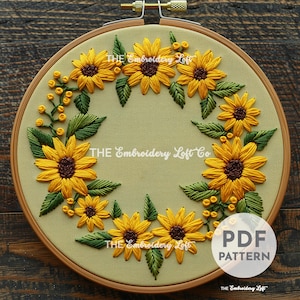 Sunflower Wreath Hand Embroidery Pattern, Sunflower Design, Sunflower Pattern, Floral Wreath Pattern, Hand Embroidery Pattern PDF