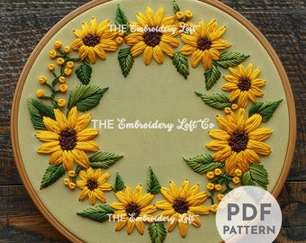 Sunflower Wreath Hand Embroidery Pattern, Sunflower Design, Sunflower Pattern, Floral Wreath Pattern, Hand Embroidery Pattern PDF