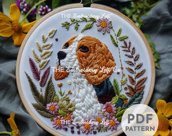 ビーグルの手刺繍パターン、狩猟犬、犬の刺繍、ペットの刺繍、かわいい