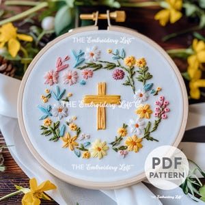 Patrón de bordado de cruz floral, diseño de cruz, bordado cristiano, cruz religiosa, patrón de bordado de Pascua, patrón de bordado a mano PDF