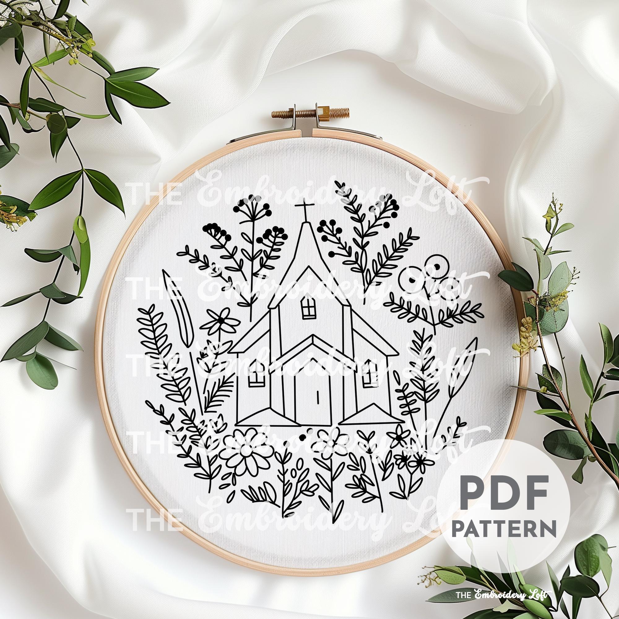 Floral Church Embroidery Pattern, White Church With Flowers, Christian ...