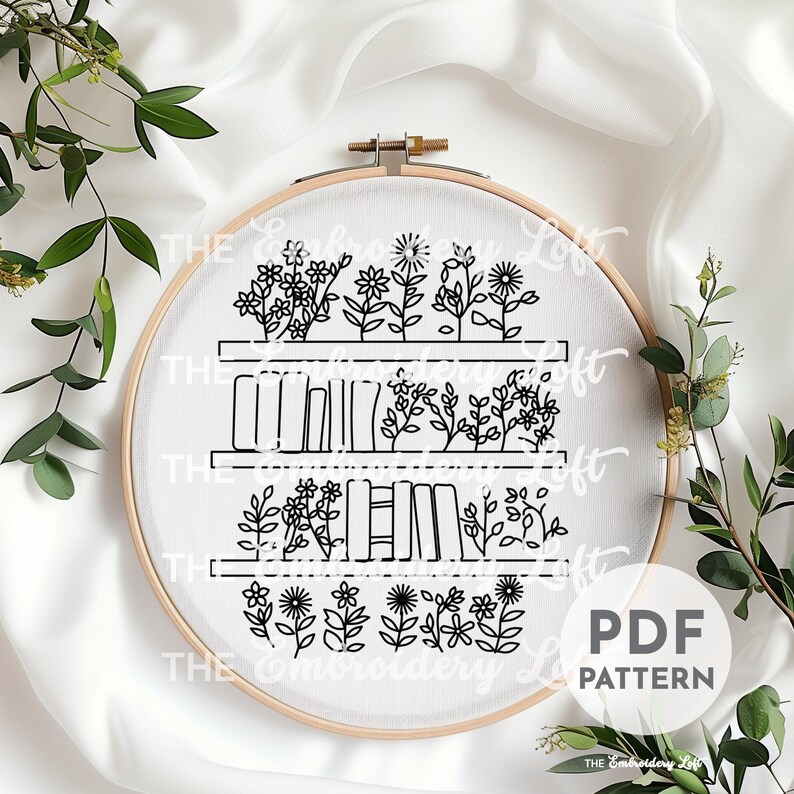 Floral Bookshelf Hand Embroidery Pattern, Floral Embroidery, Book Lover ...