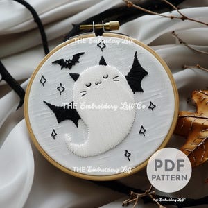 Ghost Kitty Hand Embroidery Pattern, Cute Ghost Design, Ghost Cat Design, Halloween Pattern, Hand Embroidery Pattern PDF, Beginner