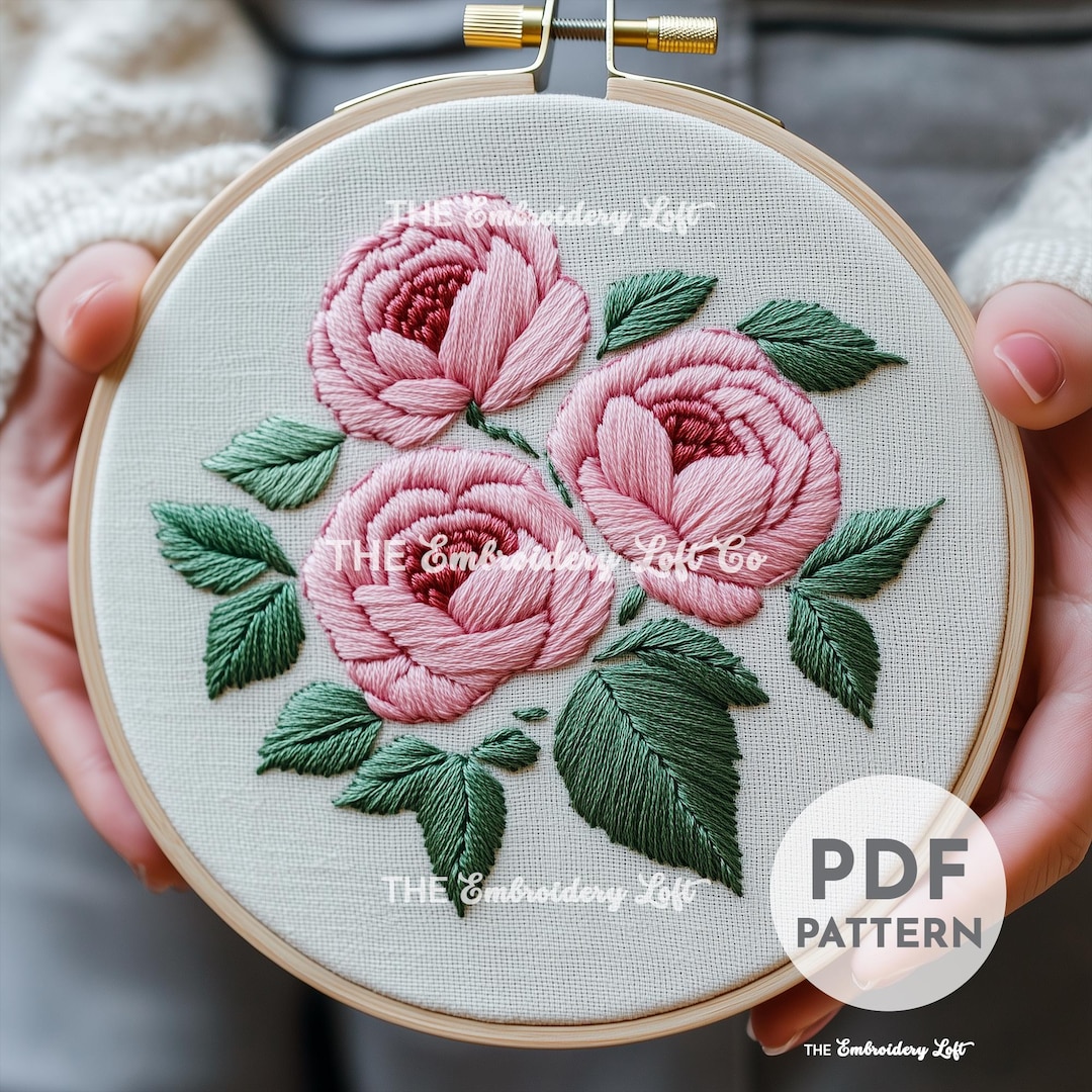 ピンクの牡丹の手刺繍パターン、牡丹の刺繍、花の刺繍パターン、手刺繍