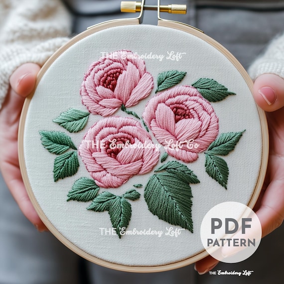 ピンクの牡丹の手刺繍パターン、牡丹の刺繍、花の刺繍パターン、手刺繍