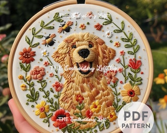 Golden Retriever Hand Embroidery Pattern, Dog Embroidery, Pet Embroidery, Cute Dog, Hand Embroidery Pattern PDF, Advanced Skill