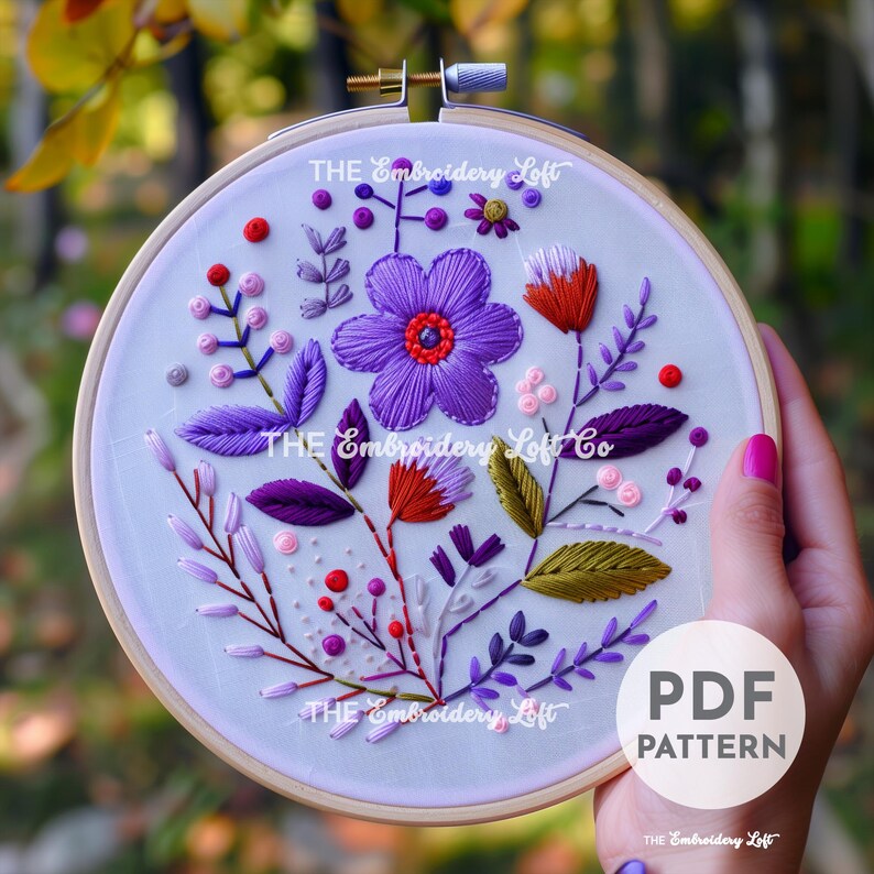 Purple Folk Flower Hand Embroidery Pattern, Folk Art Embroidery Pattern ...