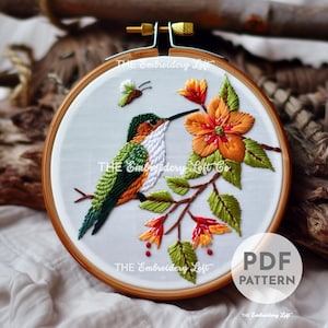 Summer Hummingbird Hand Embroidery Pattern, Hummingbird Pattern, Tropical Bird Pattern, Hand Embroidery Pattern PDF, Wildlife Embroidery