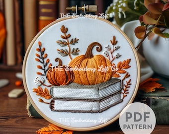 Patrón de bordado a mano de libros de otoño, patrón de bordado de otoño, bordado Bookworm, patrón de bordado a mano PDF, descarga digital