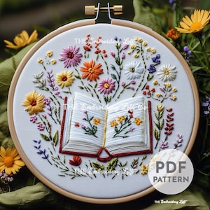 Floral Book Hand Embroidery Pattern, Book Embroidery, Book Hand Embroidery, Gift for Book Lovers, Hand Embroidery Pattern PDF