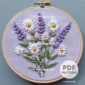 Wiese mit weißen Gänseblümchen und lila Lavendel Handstickerei, Gänseblümchen Muster, Lavendel Muster, Handstickerei, Handstickerei PDF