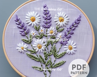 Meadow of White Daisies and Purple Lavender Hand Embroidery Pattern, Daisies Pattern, Lavender Pattern, Hand Embroidery, Hand Embroidery PDF