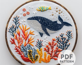 Whale Hand Embroidery Pattern, Whale Pattern, Ocean Pattern, Hand Embroidery, Hand Embroidery PDF, Ocean Wildlife Embroidery, Marine Life