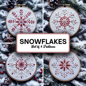 Set of 4 Red and White Snowflake Hand Embroidery Patterns, Christmas Embroidery Pattern, Snowflake Design, Hand Embroidery Pattern PDF