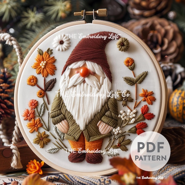 Woodland Gnome Hand Embroidery Pattern, Gnome Embroidery Design, Autumn Embroidery Pattern, Autumn Foliage, Hand Embroidery Pattern PDF