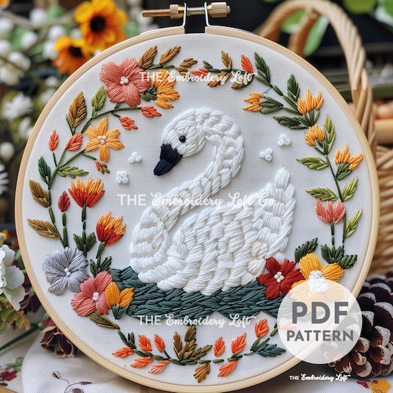 かわいい白鳥の手刺繍パターン、赤ちゃんの白鳥の刺繍、白鳥の刺繍
