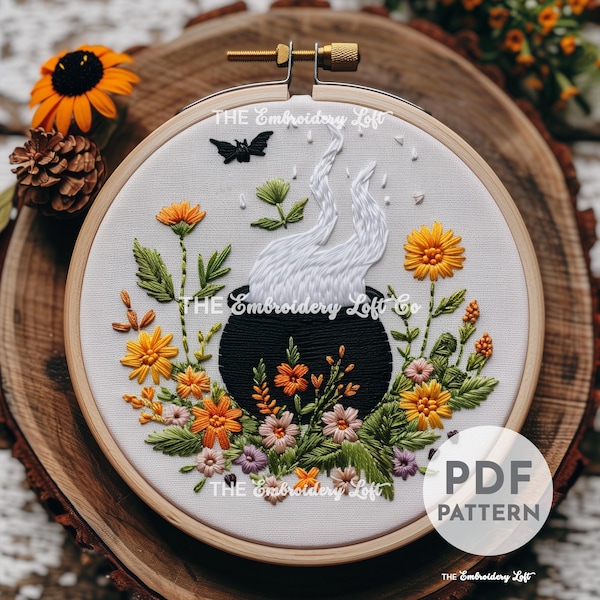 花の大釜の手刺繍パターン、秋の刺繍パターン、ハロウィーンのパターン、手刺繍パターンPDF、初心者向け刺繍、DIY