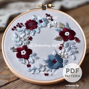 Blue and Purple Hand Embroidery Pattern, Flower Design, Flower Pattern, Floral Wreath Pattern, Hand Embroidery Pattern PDF