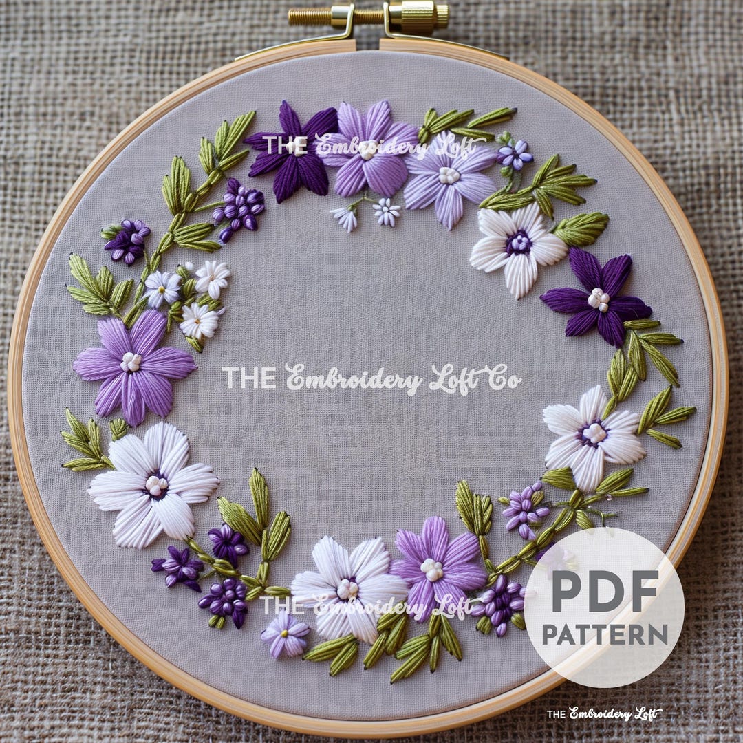 White and Purple Wreath Hand Embroidery Pattern, Flower Design, Flower ...