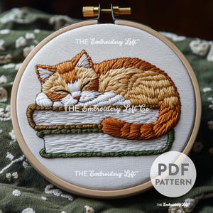 Op de afbeelding: Borduurpatroon van een oranje en witte kat die slaapt op een stapel boeken. Het patroon is in een hoepel en bevat de tekst "THE Embroidery Loft Co".