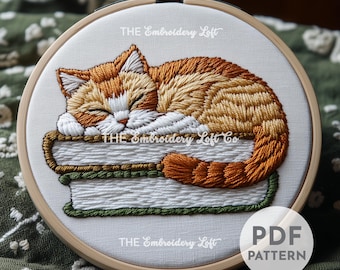 Sleeping Orange Cat Hand Embroidery Pattern, Orange Cat Design, Cat Embroidery, Pet Embroidery, Cute Cat, Hand Embroidery Pattern PDF