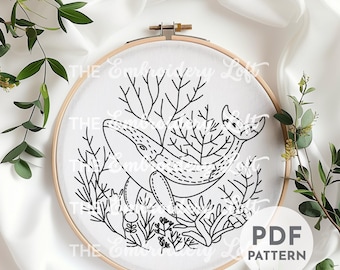 クジラの手刺繍パターン、クジラのパターン、海のパターン、手刺繍