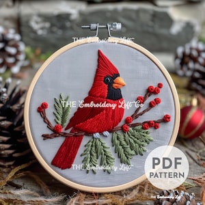 Roter Kardinal-Handstickerei-Muster, Rotes Kardinal-Muster, Weihnachtsstickerei-Muster, Anfängerstickerei, Handstickerei-Muster PDF