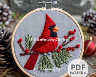 Handbroderimönster för röd kardinal, mönster för röd kardinal, julbroderimönster, nybörjarbroderi, handbroderimönster PDF
