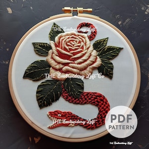 Snake Hand Embroidery Pattern, Snake and Rose Embroidery Design, Gift for Reptile Lovers, Gift for Snake Lovers, Hand Embroidery Pattern PDF