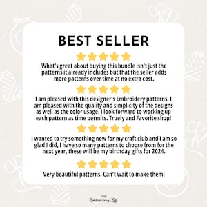 May include: A positive review for embroidery patterns, with five stars and text that reads "BEST SELLER". The review highlights the quality, simplicity, and value of the patterns, as well as the seller's commitment to adding new patterns over time.