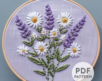 Meadow of White Daisies and Purple Lavender Hand Embroidery Pattern, Daisies Pattern, Lavender Pattern, Hand Embroidery, Hand Embroidery PDF