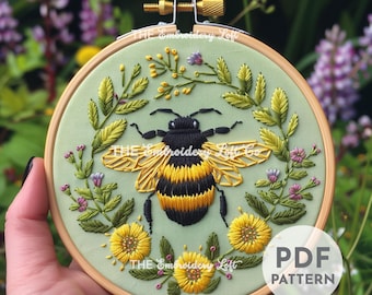 Motif de broderie main abeille, motif bourdon, motif bourdon, joli motif abeille, motif de broderie main PDF, broderie de printemps