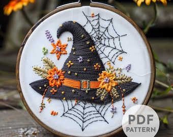 Floral Witch Hat Hand Embroidery Pattern, Autumn Embroidery Pattern, Halloween Pattern, Witchy Design, Hand Embroidery, Hand Embroidery PDF