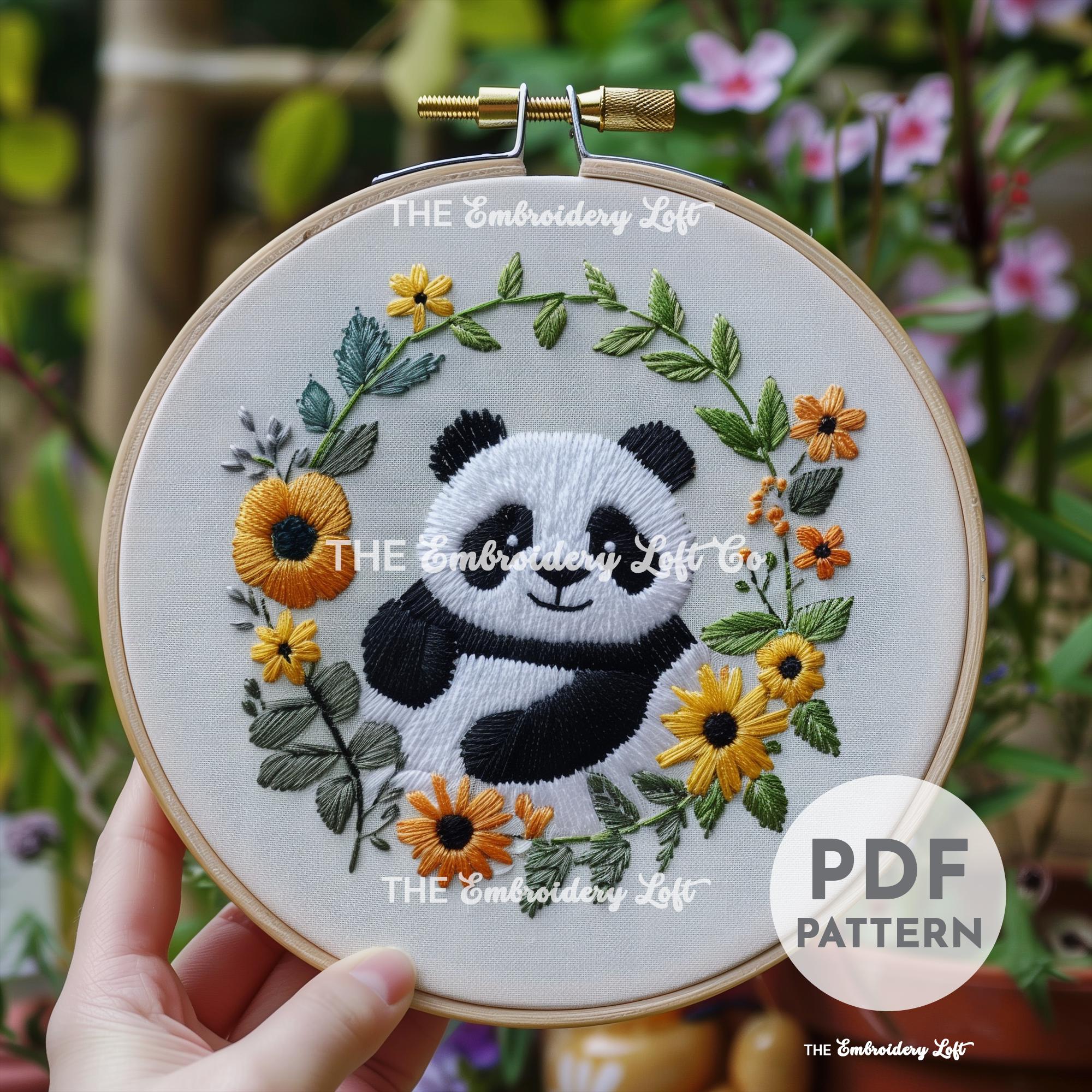 Panda Hand Embroidery Pattern, Floral Panda, Cute Panda Design